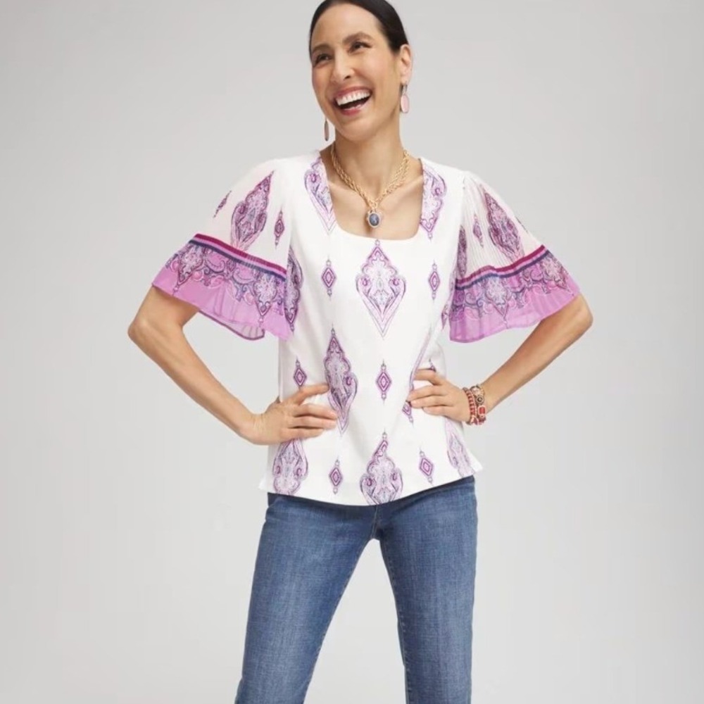 NWT Chicos Square Neck Pleated Flutter Sleeves Top Boho Office Chic Medium Large